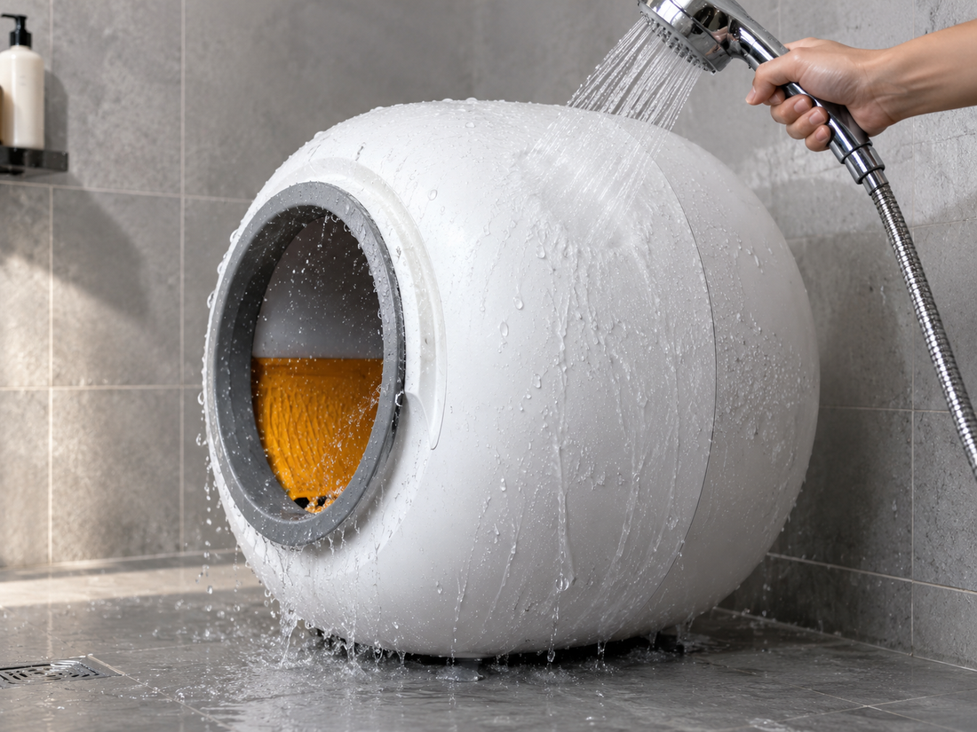 La sphère seule, rincée à la douchette dans une douche carrelée.