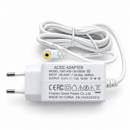 12 V power adapter for the CatMatik self-cleaning litter box, European plug and barrel connector