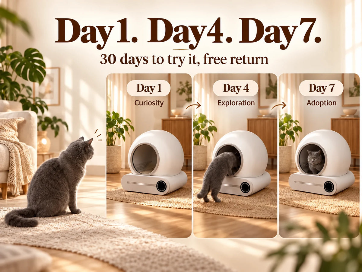 Day 1, day 4, day 7: a cat getting used to the CatMatik Halo