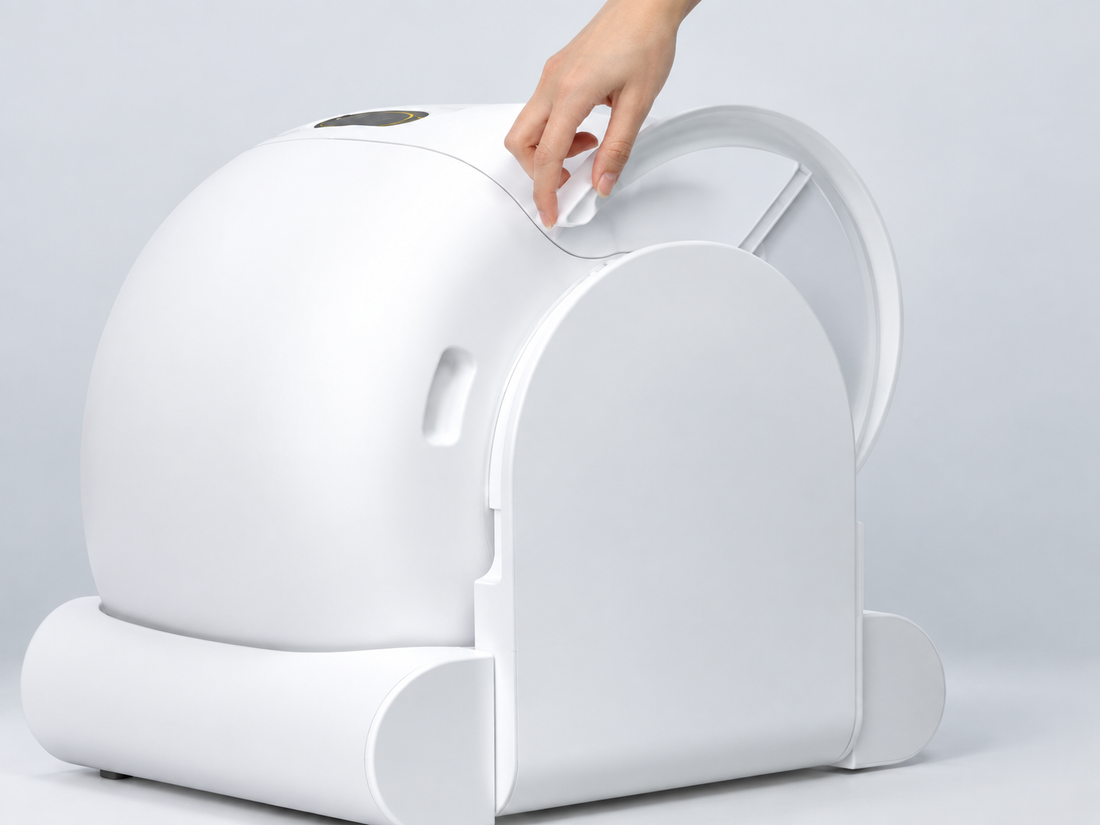 Une main soulève le déflecteur avant de la Capsule, posée sur son socle.